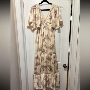Pinkblush Cream Floral V-Neck Tiered Maxi with Flutter Sleeves